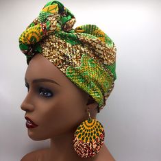 "Beautiful dark green with metallic gold accents head wrap! This head wrap is made of premium cotton fabric. There are many ways to wear and tie it so you'll be able to achieve the perfect look for you. It can also be worn as a scarf, shawl, or sash. Not Pre-Tied Matching earrings available in multiple sizes. Earrings Shown are 3\". The earrings are water proof and light weight. Print may differ from front and back due to the nature of the design of the fabric. You may receive slightly different Scarf Head Wraps, Head Wrap African, Afro Earrings, African Scarf, Afrocentric Earrings, African Turban, Laser Cut Wood Earrings, Head Wraps For Women, Tie Matching