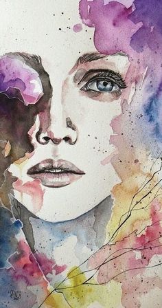 a painting of a woman's face with watercolor splashs