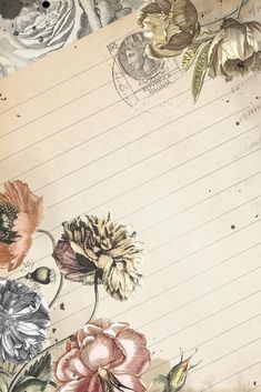 an open notebook with flowers on it and lined paper in the bottom right hand corner