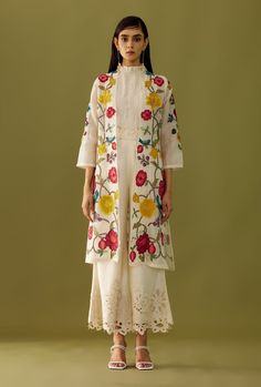 Chandrima-Ivory Applique Organza Jacket-INDIASPOPUP.COM Transitional Off-white Sets With Floral Embroidery, Off White Floral Embroidered Kurta For Spring, Cream Sets With Floral Embroidery For Transitional Season, Transitional Cream Sets With Floral Embroidery, Transitional Floral Embroidered Cream Sets, Designer White Nehru Jacket With Dupatta, Embroidered Cream Sets For Spring, Spring Long Sleeve Nehru Jacket With Cutdana, Traditional White Nehru Jacket With Floral Embroidery