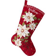 a red christmas stocking with white poinsettis and the word willow on it