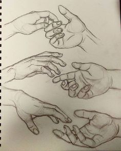 four hands reaching out to each other in the middle of a drawing on white paper