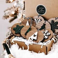 a basket filled with wooden cutouts and decorations