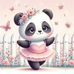 a panda bear in a pink tutu with flowers on her head and butterflies around its neck