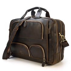 This Vintage Distressed Leather Laptop Briefcase by ULB is crafted from Full Grain Leather in a rich, dark brown color with a rugged, worn finish for a timeless look. It features multiple compartments, including two large front pockets and two smaller zippered ones, with brass zippers that contrast nicely against the leather. Sturdy leather handles ensure durability, making this briefcase a stylish and practical choice for carrying essentials. Leather Messenger Bag Men, Leather Briefcase Men, Luggage Bags Travel, Laptop Briefcase, Women Leather Backpack, Luggage Bag, Leather Laptop, Leather Briefcase, Leather Messenger Bag