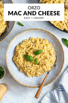 macaroni and cheese on a plate with basil garnishes in the background