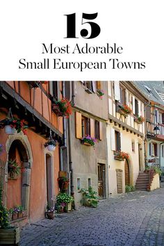 a cobblestone street lined with buildings and potted plants on either side of the road