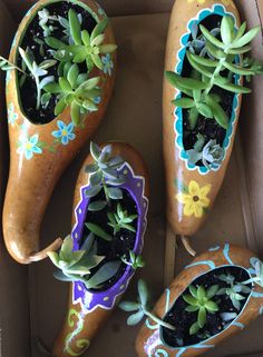 three wooden shoe planters with succulents and flowers painted on them in a cardboard box