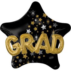 black and gold foil star balloon with the word grad printed on it