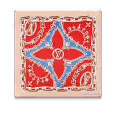 a red and blue square scarf with the letter n on it's center corner