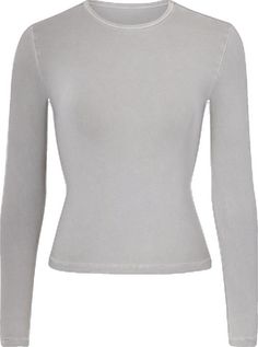 Second-skin Crew Neck Tops With Thumbholes, Fitted Loungewear Tops With Thumbholes, Fitted Tops With Thumbholes For Loungewear, Basic Long Sleeve Fitted T-shirt, Basic Fitted Long Sleeve T-shirt, Fitted Long Sleeve Basic T-shirt, Fitted Solid Top For Loungewear, Gray Seamless Long Sleeve Top, Gray Seamless Crew Neck Top