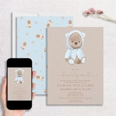 Minimalist Bearly Wait Dusty Blue Baby Shower Invitation Green Baby Shower Invitations, Green Teddy Bear, Blue Baby Shower Invitations, Teddy Bear Theme, Blue Teddy Bear