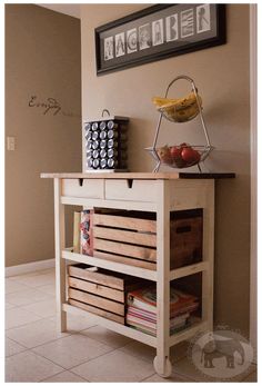 a table with baskets and fruit on it in the middle of a room next to a wall