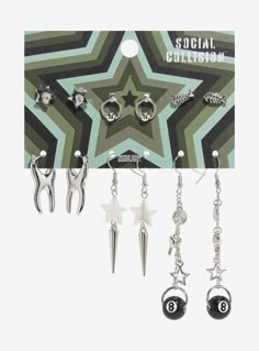 Keep it quirky every day of the week with these earrings! This silver-tone set has pieces with stars  fish bones  teeth  8 balls and more. Scene Jewelry, Hello Kitty Rooms, Xmas Wishes, Bone Earrings, Acrylic Set, Money And Happiness, Funky Jewelry, Gifts Cards