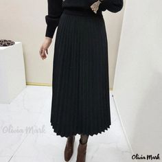 Olivia Mark - Elegant High-Waisted Solid Color Pleated Midi Skirt with Knee-Length Hem Balloon Skirt, Silk Midi Skirt, Lace Vest, Black F, Skirts Midi High Waisted, Pleated Maxi Skirt, Floral Maxi Skirt, Winter Skirt, Mesh Skirt