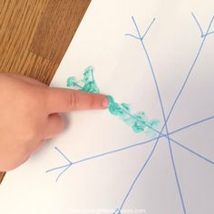 a child's finger is pointing at a piece of paper with blue lines on it