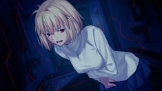 an anime character with blonde hair and red eyes is standing in front of a dark background