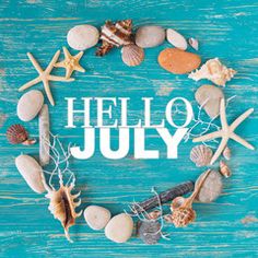 the word hello july surrounded by seashells and starfish on a blue wooden background