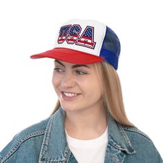 Trucker caps are perfect for 4th of july to keep you out of the sun or for a cute look! They're versatile and fit almost any occasion. A 100% polyester front and 100% nylon mesh weave back make these hats super durable through regular wear and tear. They come in one size with an adjustable plastic snap closure: 22.8" (58cm). The cap's front has six rows of visor stitching. Fits unisex both womens and mens.  *Material: 100% polyester foam front with 100% nylon mesh weave back *One size fits most Patriotic Snapback Trucker Hat For 4th Of July, Americana Trucker Hat For 4th Of July, Usa Cap, Patriotic Outdoor Trucker Hat (one Size Fits Most), White Trucker/basbeall Cap For 4th Of July, Patriotic Hats For Outdoor, One Size Fits Most, Mens Trucker Hat, New Uses, Hat For Man