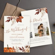 two wedding cards with fall leaves and pumpkins on the front one has a photo of bride and groom