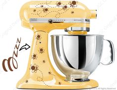 an image of a yellow kitchen mixer with bees on it and the words artisan next to it