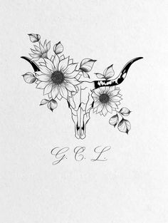 I will create a beautiful flower tattoo design for you Cow Skull Tattoo Flowers Small, Floral Bull Tattoo, Western Bull Tattoo, Cross With Cowboy Hat Tattoo, Western Flowers Tattoo, Longhorn Skull Tattoo Women, Unique Western Tattoos, Longhorn Skull With Flowers, Thigh Tattoos Women Flowers