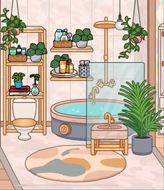 the bathroom is decorated with potted plants and shelves on either side of the bathtub