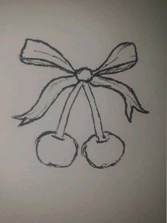 a drawing of two cherries tied to a bow on a white paper background,