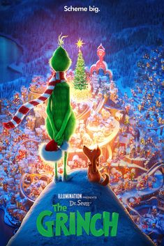 the grin movie poster with an elf standing on top of a hill in front of a christmas