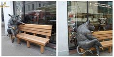 two pictures of a statue of a cat sitting on a bench in front of a store