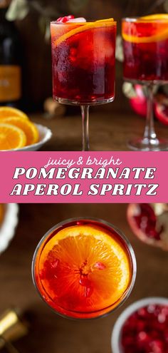 two glasses filled with orange and cranberry aperoli spritz on top of a wooden table