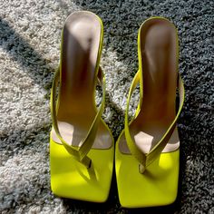 Never Worn ! Cutest Ever ! Yellow Square Toe Heels For Party, Yellow Heels With Square Toe For Party, Yellow Square Toe Party Heels, Fitted Toe Post Heels With Wrapped Heel, Chic Fitted Toe Post Heels, Spring Green Toe Post Heels, Yellow Heels For Night Out In Spring, Zebra Print Heels, Jeffrey Campbell Heels