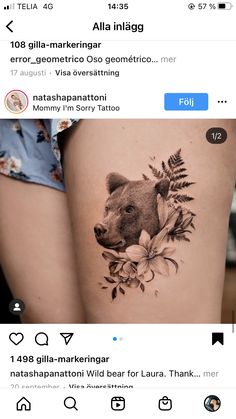 an image of a bear with flowers on it's thigh