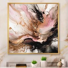 an abstract painting hangs on the wall above a fireplace