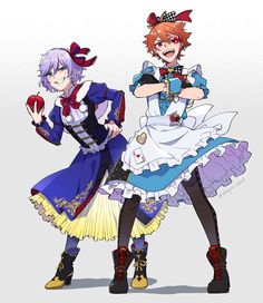 two anime characters are standing next to each other, one is wearing a dress and the other has an apron