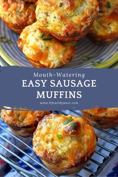 muffins on a cooling rack with the words, mouth watering easy sausage muffins