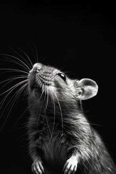 a black and white photo of a rat looking up into the sky with its mouth open