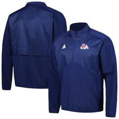 The Men's adidas Navy Fresno State Bulldogs Sideline AEROREADY Raglan Quarter-Zip Jacket is the perfect way to show your support for the Fresno State Bulldogs. Made from recycled polyester and elastane, this lightweight jacket is ideal for mild temperatures. It features embroidered graphics, raglan sleeves, and a mock neck. The two side pockets with zippered closure provide ample storage for your essentials, while the bottom right side with vertical zipper adds a stylish touch. Whether you're ch Adidas Moisture-wicking Track Jacket For Training, Adidas Athleisure Training Outerwear, Adidas Sportswear For Training, Adidas Sports Outerwear With Moisture-wicking, Adidas Sportswear For Sports Events, Functional Adidas Outerwear For Sports Events, Adidas Casual Track Jacket For Training, Sporty Track Jacket With Zip Fly, Adidas Long Sleeve Outerwear For Training