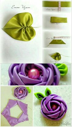 the instructions for how to make an origami flower with ribbon and satin ribbons