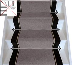 an image of a carpeted staircase with black and white stripes on the treads