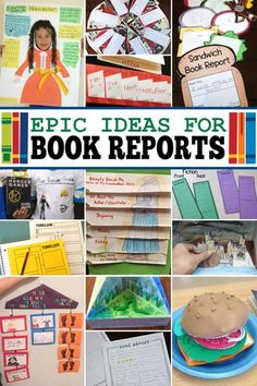 books and crafts for book reports with the title epic ideas for book reports in front of them