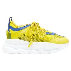 VERSACE Chain Reaction yellow blue low top chunky sole dad sneaker EU38 US8 Reference: TGAS/A05134 Brand: Versace Designer: Donatella Versace Model: Versace Chain Reaction Collection: Runway Material: Fabric, Leather Color: Yellow Pattern: Solid Closure: Lace Up Lining: Fabric Extra Details: Signature Chain Reaction silhouette by Versace. Embodies the strongest elements of the Versace identity. Characterized by a lightweight, chain-linked rubber sole that takes inspiration from Versace chain jew Model Versace, Sewing Outfits, Chunky Dad Sneakers, Versace Chain, Gucci Runway, Name Style, Versace Runway, Chain Jewellery, Versace Sneakers