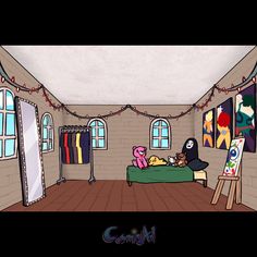 an animated image of a bedroom with clothes hanging on the wall and teddy bear in bed