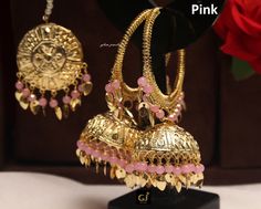 Gold plated high quality jhumka tikka pearl set. Light in weight. *Earrings length: 3.7 inches (with drops) *Circle inner diameter- 1.7 inches *Dome Size: 1.3 inches *Tikka Diameter: 1.4 inches Black Jhumka, Nath Bridal, Indian Nose Ring, Fake Nose, Jhumki Earrings, Bollywood Wedding, Big Pearl, Gold Rings Fashion, Nose Rings Hoop