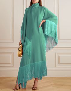 High Neck Style Fringed Kaftans Processing Time : 20 Working Days Work : Plain Work Fabric:Korean SilkColor:Turqouise Green Festive Green Dress With Tassels, Festive Green Tassel Dress, High Neck Style, Shalwar Design, High Collar Dress, Green Plain, Pakistani Outfits, Crepe Fabric, High Collar