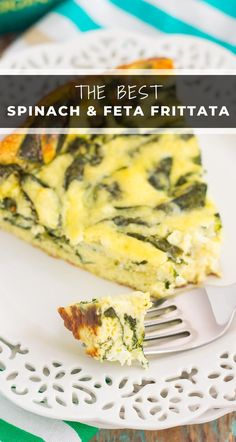 spinach and feta frittata on a white plate with a silver fork