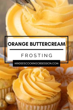 orange buttercream frosting on top of cupcakes with text overlay