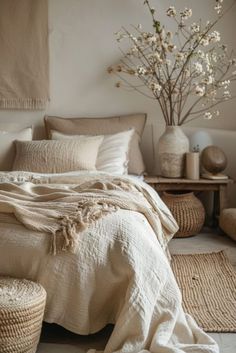 a bed with white linens and pillows in a room next to a vase filled with flowers