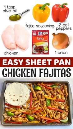 an easy sheet pan chicken fajitas recipe with ingredients to make it in the oven