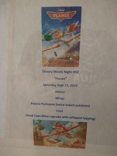 the menu for disney's planes movie night